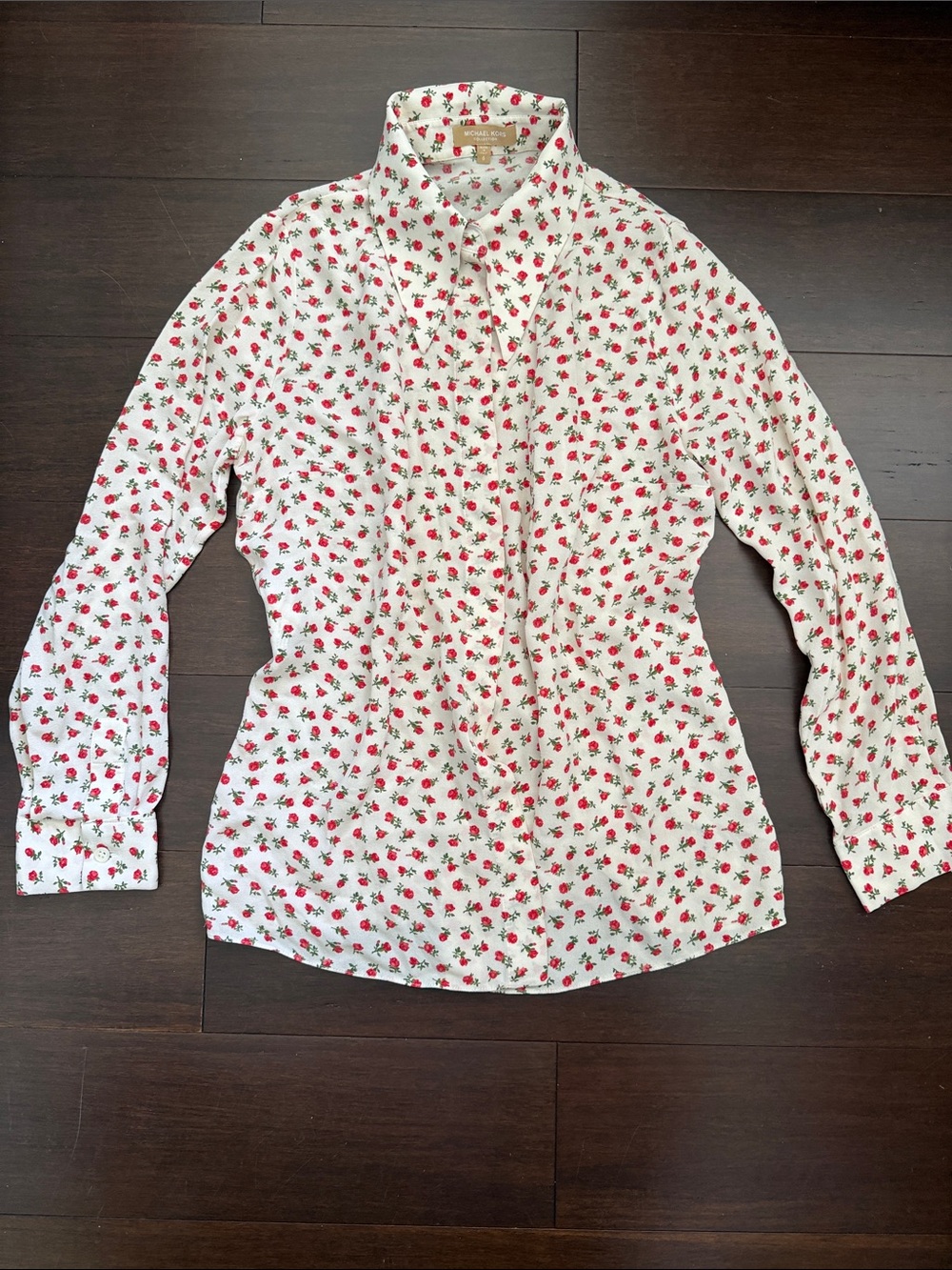 Michael Kors Collection White Button-Down Shirt with Red Floral Print